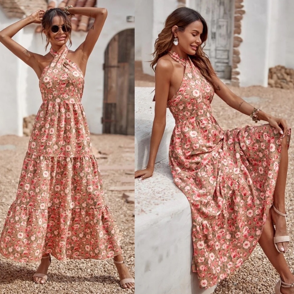 Boho floral print tie back halter dress